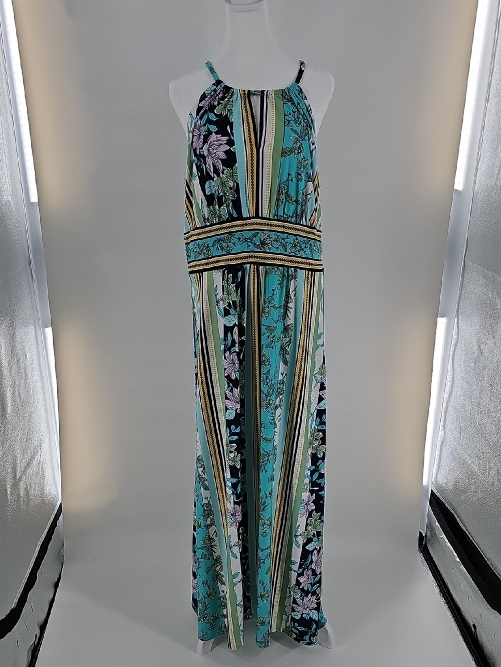Halter Maxi Dress in Turquoise Floral Stripe